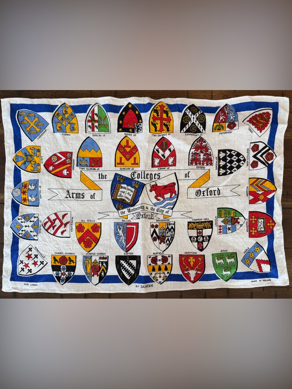 Ulster Irish Linen Kitchen Tea Towel Arms of Colleges University Cities Oxford